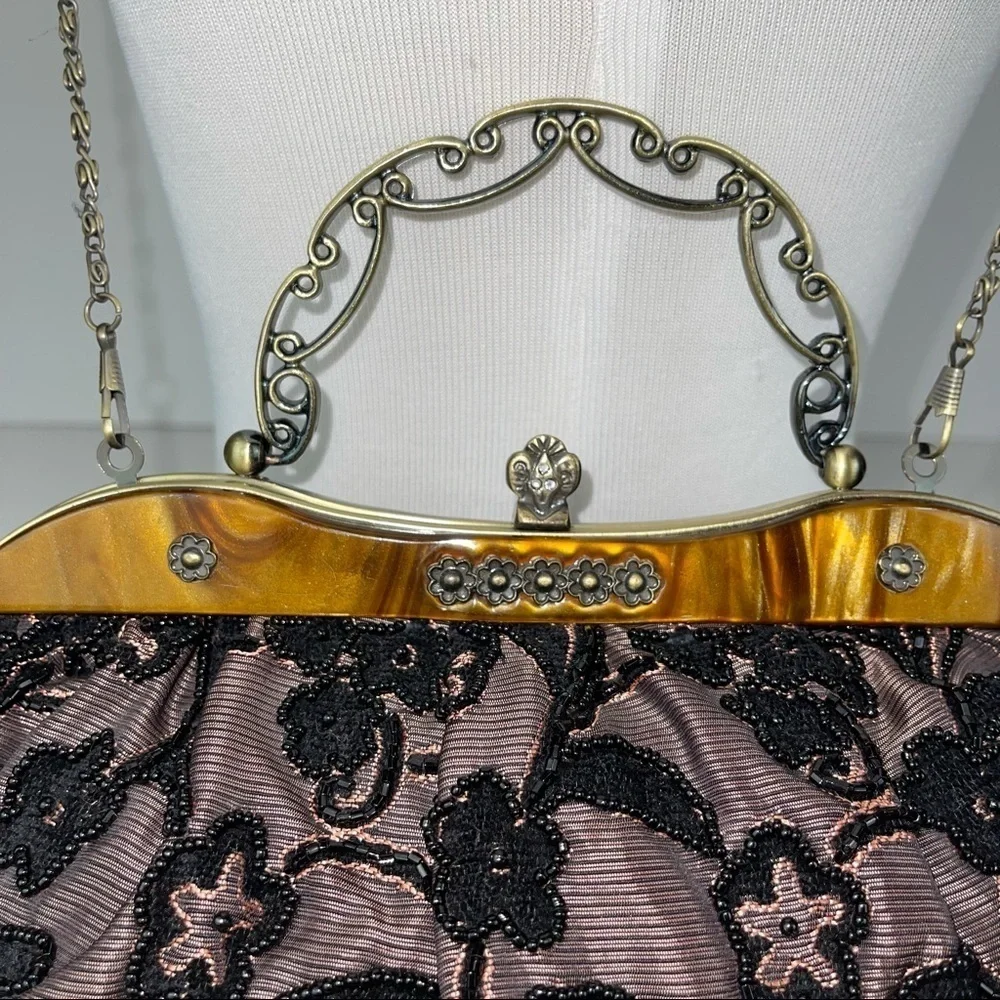 Vintage Inspired Black Gold Beaded Handbag Purse